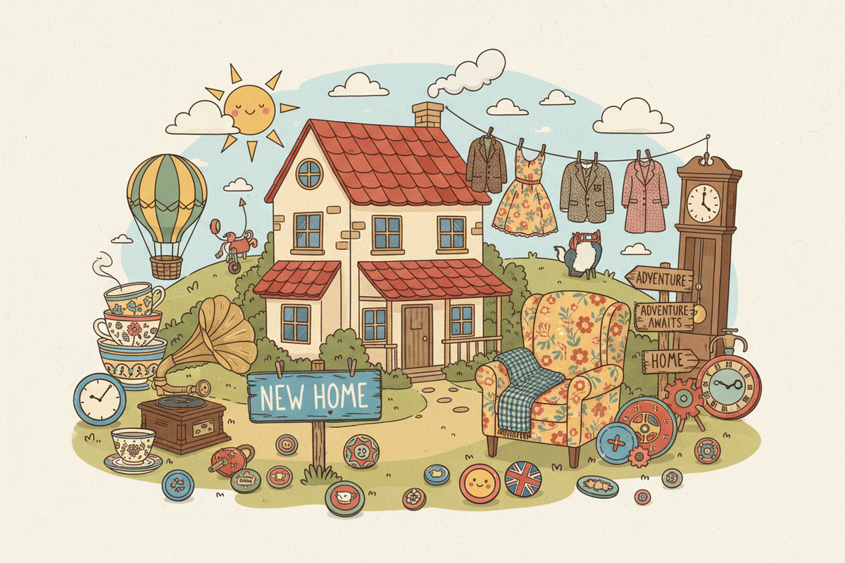 Image alt text: A charming house with a New Home sign surrounded by quirky household items, vintage clothing, badges, decorative signs and clocks, celebrating the launch of suellas.co.uk