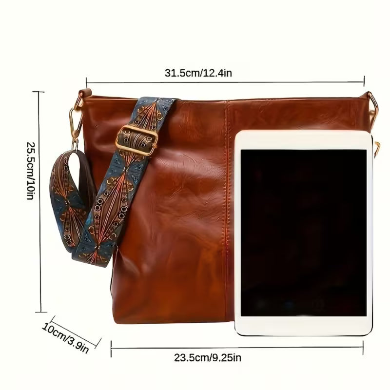 Large capacity shoulder bag with patterned handle - black or brown