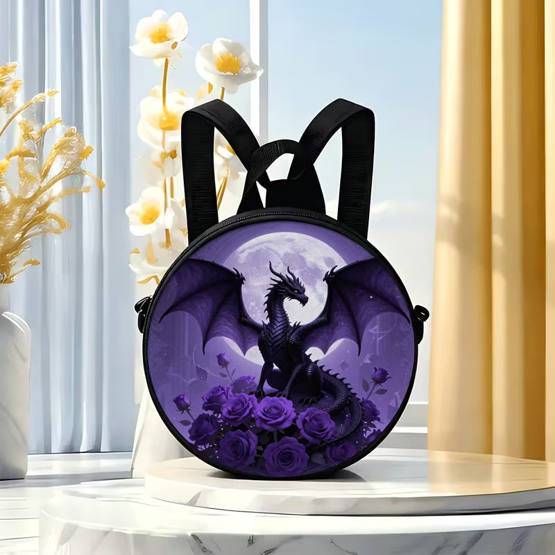 Circular printed shoulder bag / backpack with purple dragon design