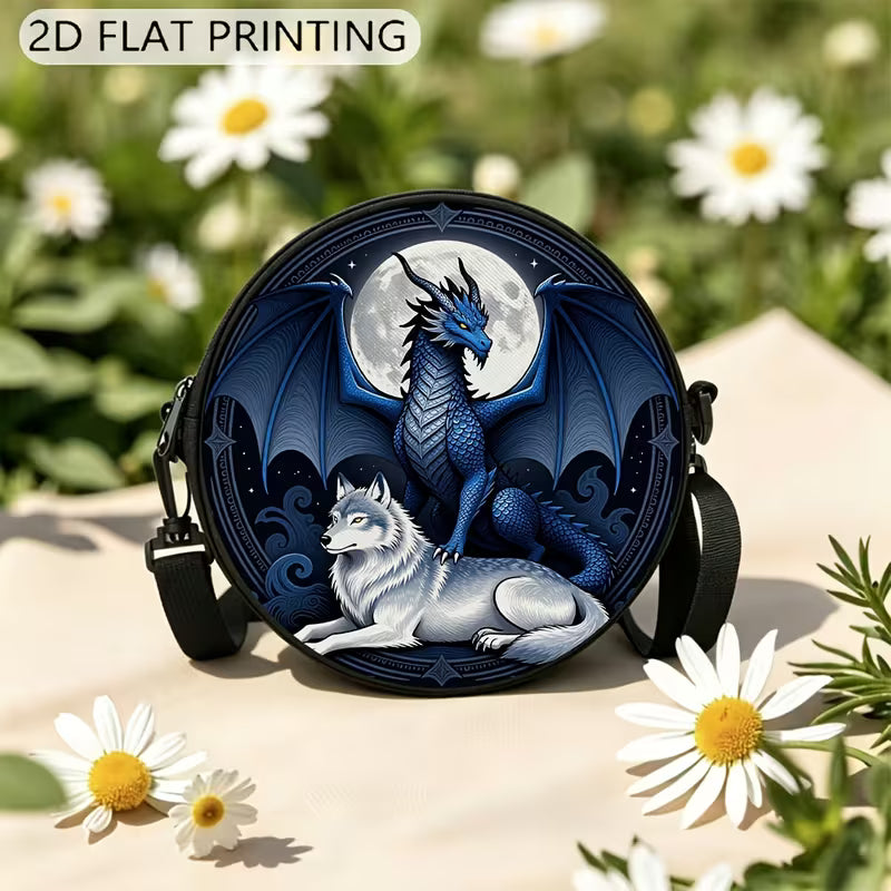 Circular printed shoulder bag / backpack with blue dragon and wolf design