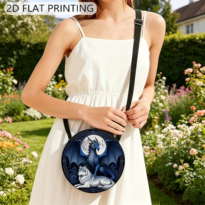 Circular printed shoulder bag / backpack with blue dragon and wolf design