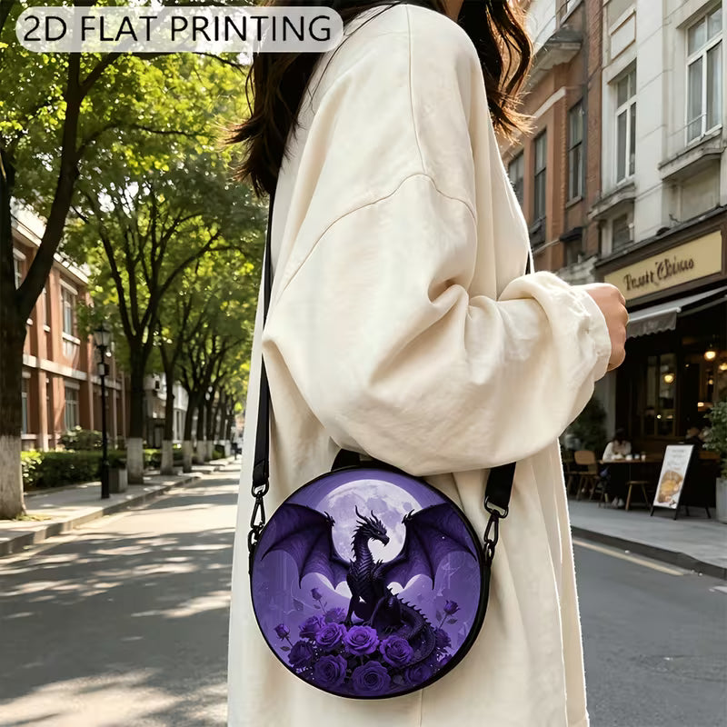 Circular printed shoulder bag / backpack with purple dragon design