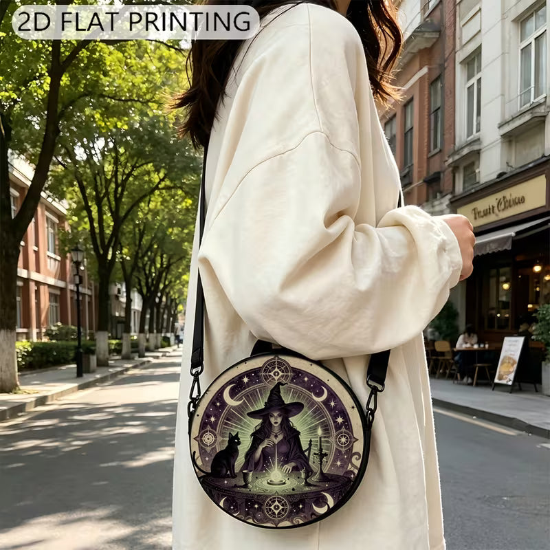 Circular printed shoulder bag / backpack with witch design