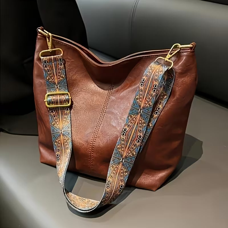 Large capacity shoulder bag with patterned handle - black or brown