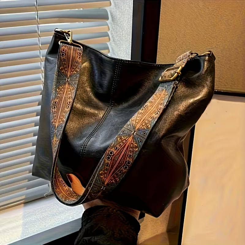 Large capacity shoulder bag with patterned handle - black or brown