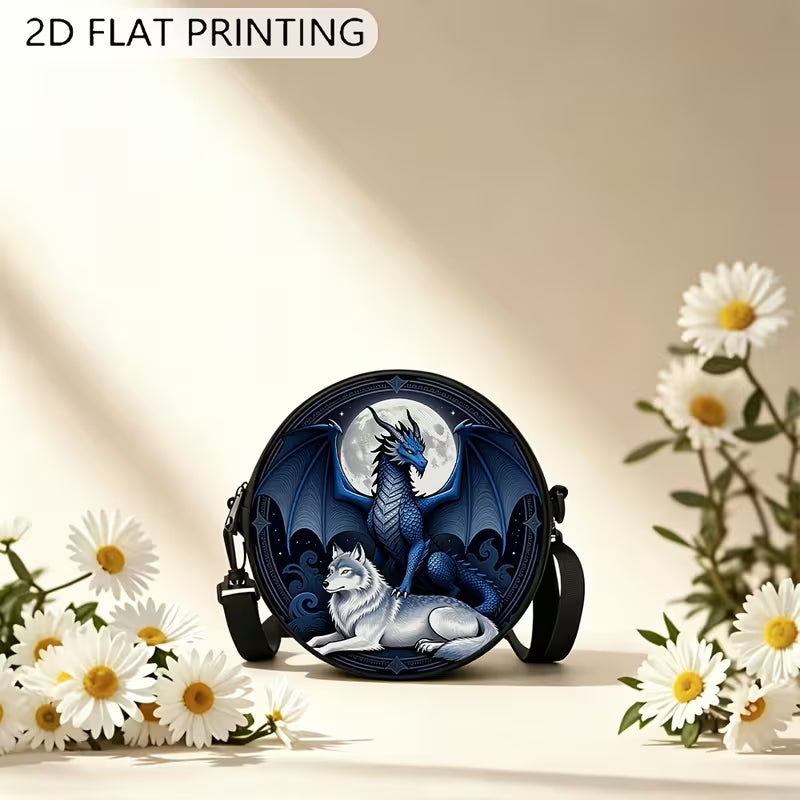 Circular printed shoulder bag / backpack with blue dragon and wolf design