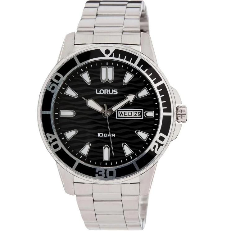 Lorus Mens Sports Day Date Black Dial Seigaiha-mon With Stainless Steel Bracelet RH355AX9