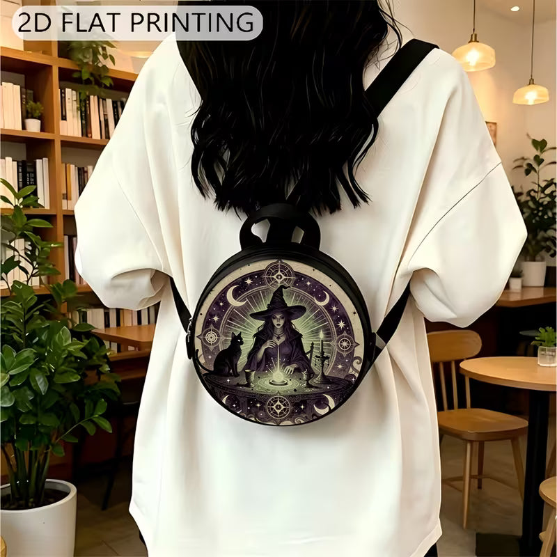 Circular printed shoulder bag / backpack with witch design