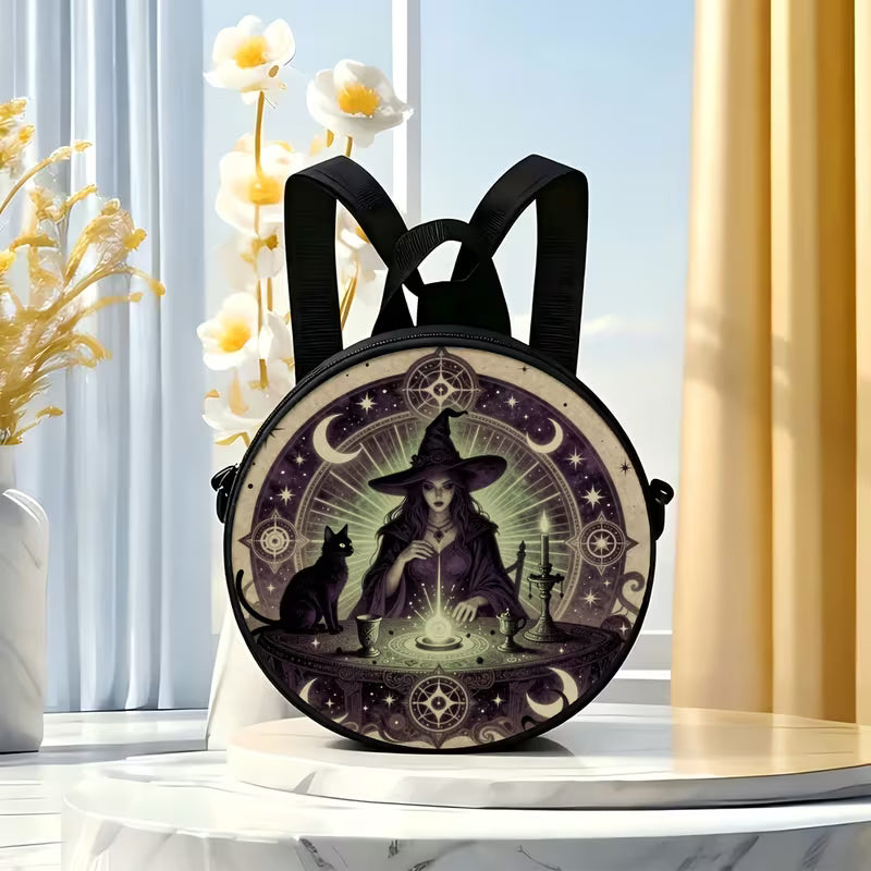 Circular printed shoulder bag / backpack with witch design