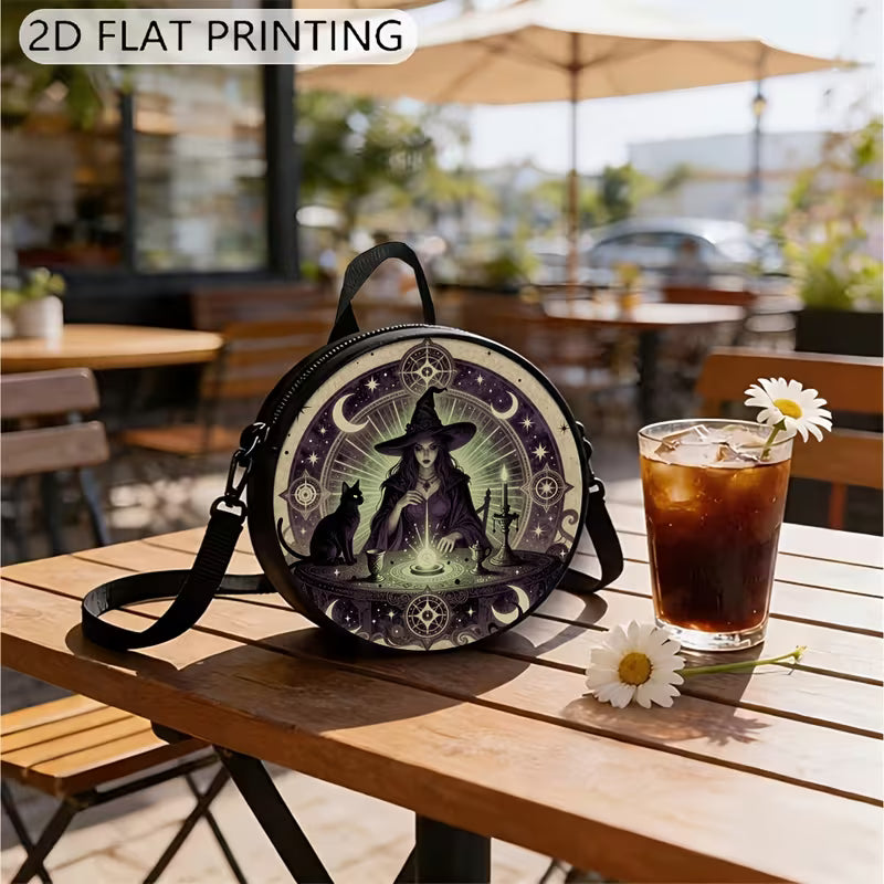 Circular printed shoulder bag / backpack with witch design