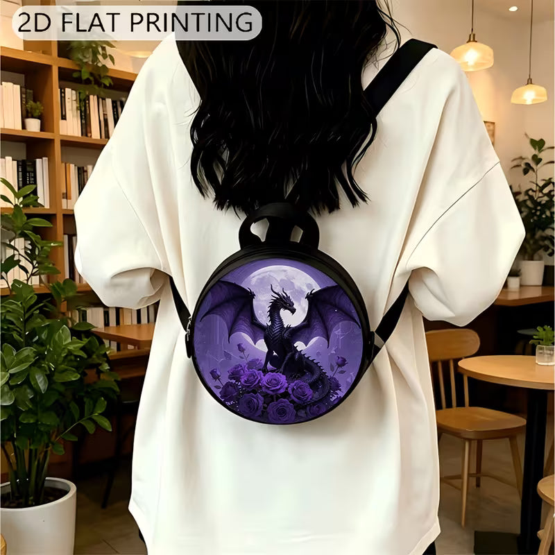 Circular printed shoulder bag / backpack with purple dragon design