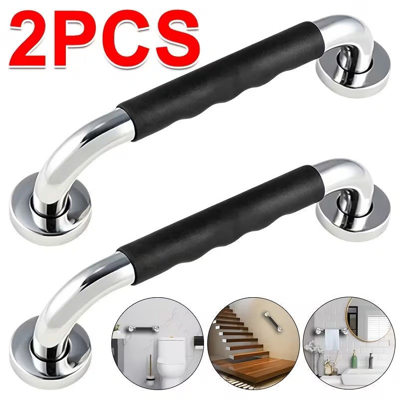 Pack of 2 shower handles grab rails disability aids - 30cm stainless steel with silicon grip