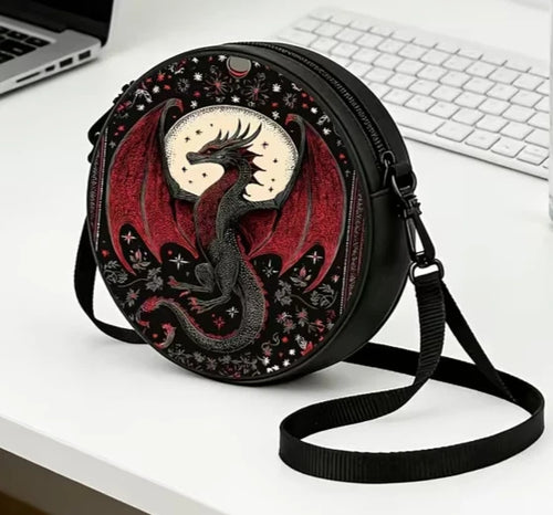 Circular printed shoulder bag / backpack with red dragon design