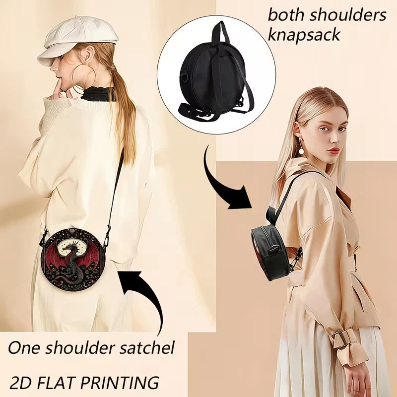 Circular printed shoulder bag / backpack with red dragon design