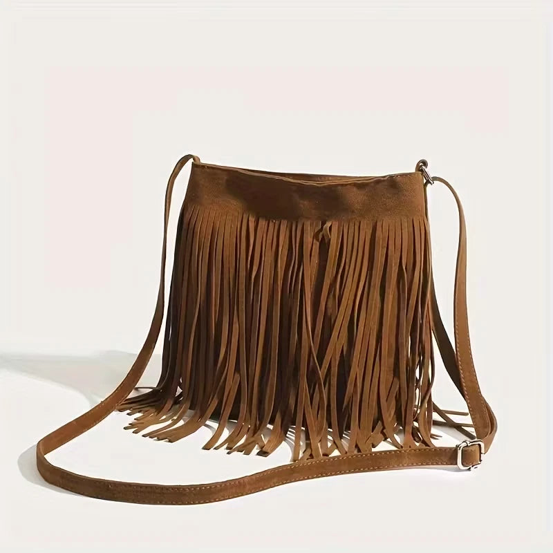 Lightweight suede effect shoulder bag with tassels