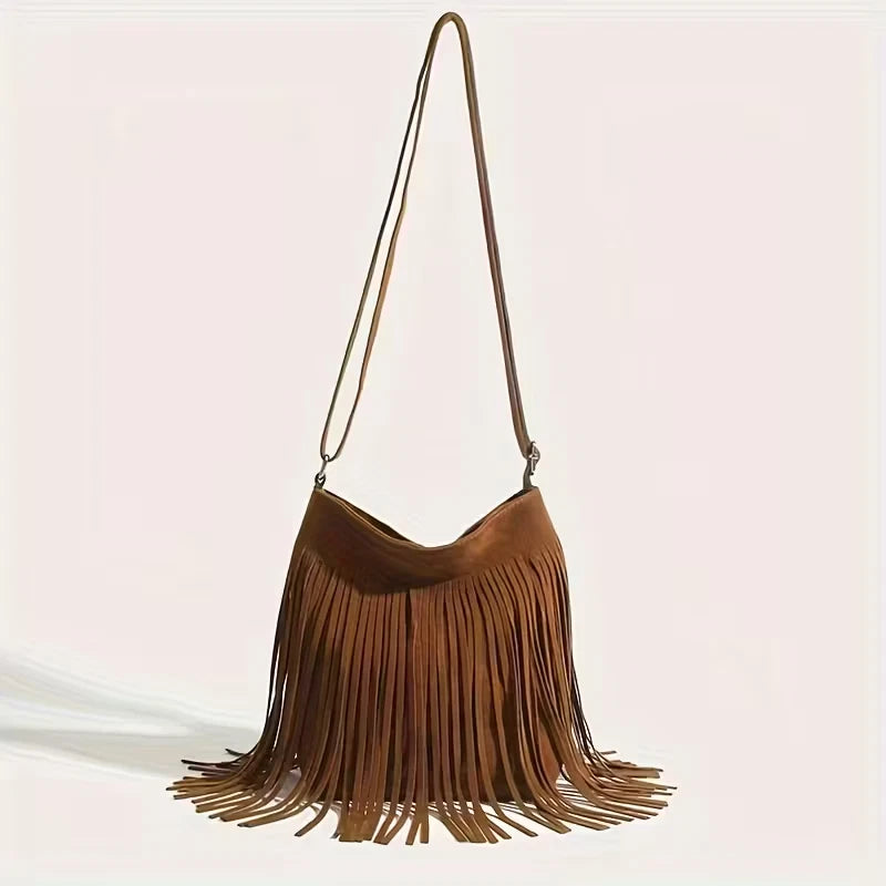Lightweight suede effect shoulder bag with tassels