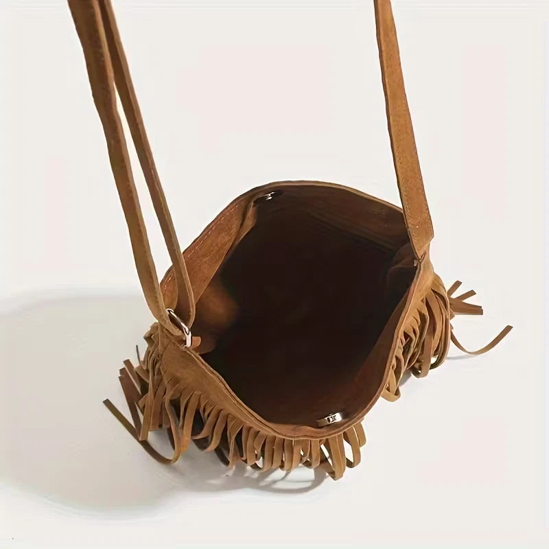 Lightweight suede effect shoulder bag with tassels