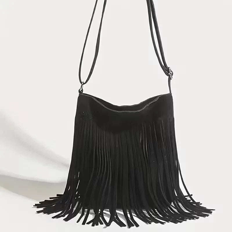 Lightweight suede effect shoulder bag with tassels