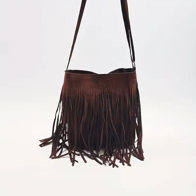 Lightweight suede effect shoulder bag with tassels
