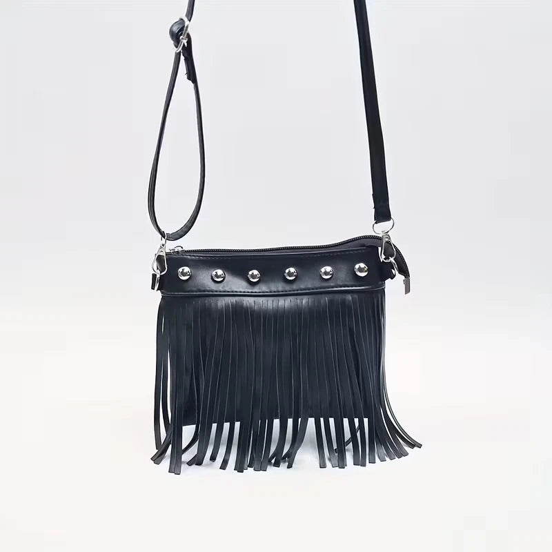 Studded shoulder bag with tassels - Black or Brown