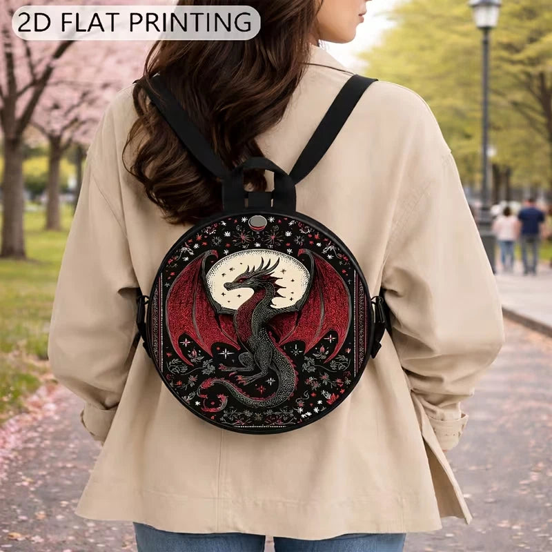 Circular printed shoulder bag / backpack with red dragon design