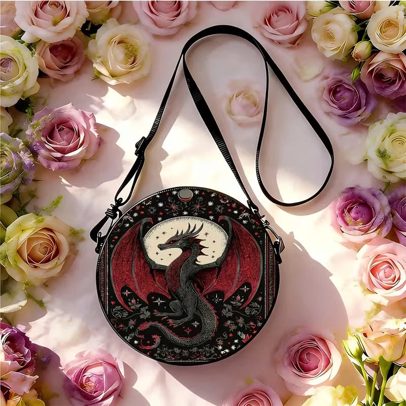 Circular printed shoulder bag / backpack with red dragon design
