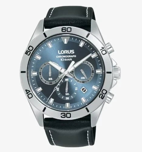 Lorus Fashion Sports Chronograph Date Grey/Blue Sunray Dial Black Leather strap RT341KX9