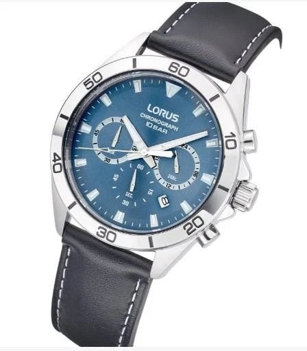 Lorus Fashion Sports Chronograph Date Grey/Blue Sunray Dial Black Leather strap RT341KX9