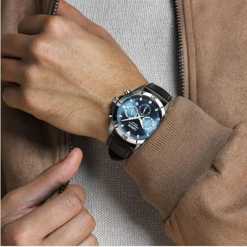 Lorus Fashion Sports Chronograph Date Grey/Blue Sunray Dial Black Leather strap RT341KX9