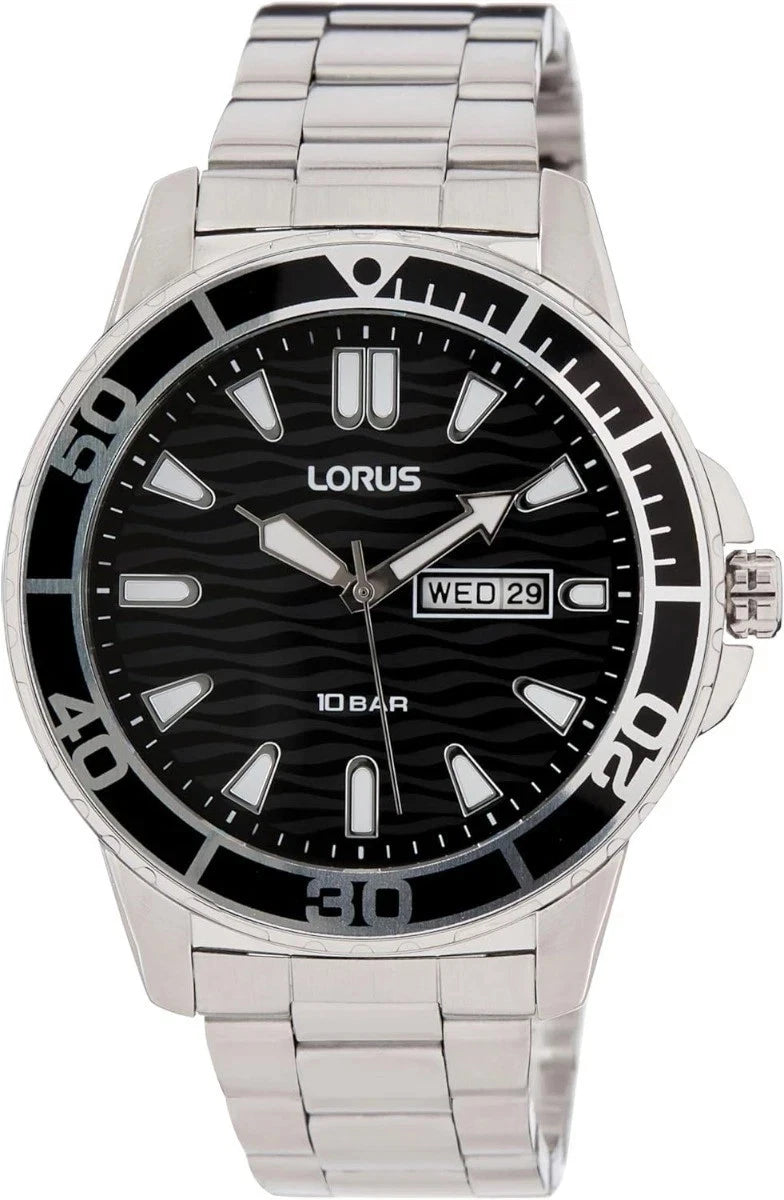 Lorus Mens Sports Day Date Black Dial Seigaiha-mon With Stainless Steel Bracelet RH355AX9