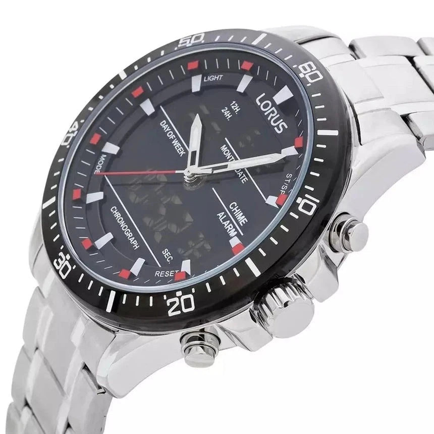 Lorus Mens Chronograph Day Date Black Dial Silver Stainless Steel Bracelet Watch RW635AX5