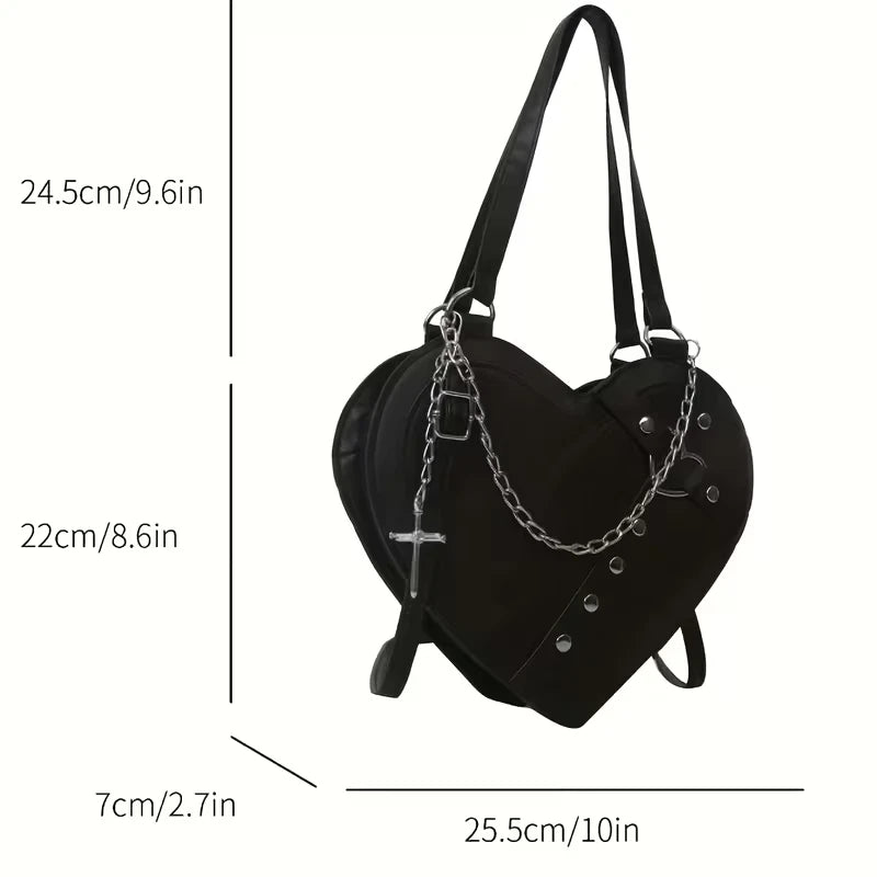 Heart shaped gothic/punk bag with metal studs and cross accessory
