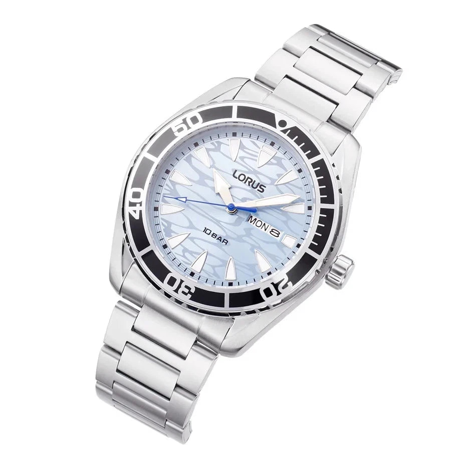 Lorus Mens Sports Diver Day/Date 42mm Light Blue Wave Dial Stainless Strap RH389AX9