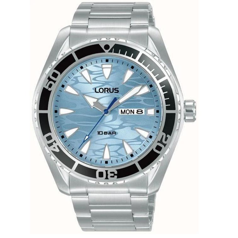 Lorus Mens Sports Diver Day/Date 42mm Light Blue Wave Dial Stainless Strap RH389AX9
